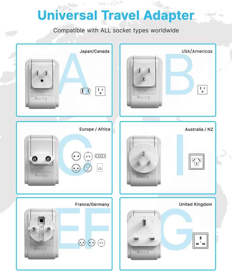 VINTAR مجموعة محول السفر العالمي، محول طاقة دولي مع 4 مآخذ AC و 3 منافذ USB (2 USB C)، نوع A، B، C، E/F، G، I، ملحقات قابلة للتبديل، محول سفر عالمي لأوروبا/المملكة المتحدة/أستراليا/اليابان/أفريقيا - Image 2